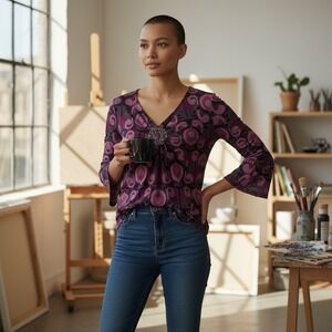 Apt 9 Purple Black Print Y2K Babydoll Embellished V Neck 3/4 Sleeve Top L Petite